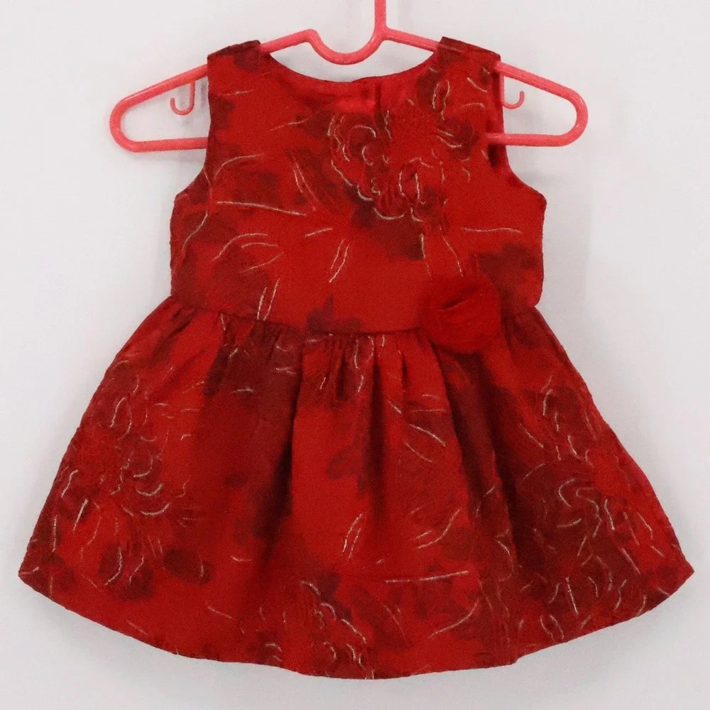 The Childrens Place Baby Girl Red Metallic Floral Holiday Dress‎ Size 6-9  Month